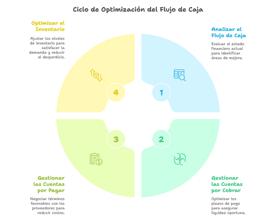 círculo del ciclo de la optimización del flujo de caja: análisis, gestión de cuentas por cobrar, gestión de cuentas por pagar y la optimización del inventario 